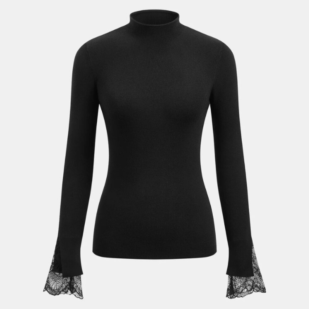 Mock Neck Lace Cuff Knit Top